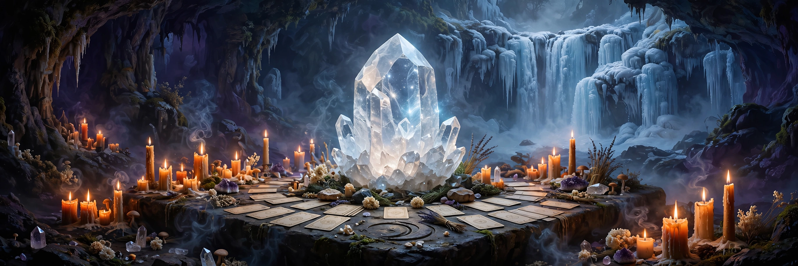 Clear quartz points glowing on a candlelit altar, the master healer of the crystal kingdom