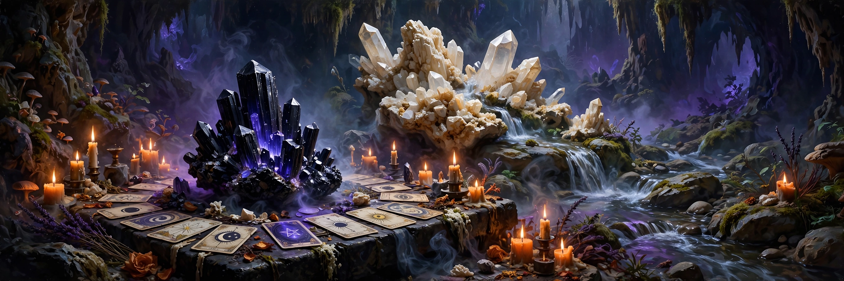 Black tourmaline standing on a candlelit altar, dense and dark, root chakra guardian of the crystal kingdom
