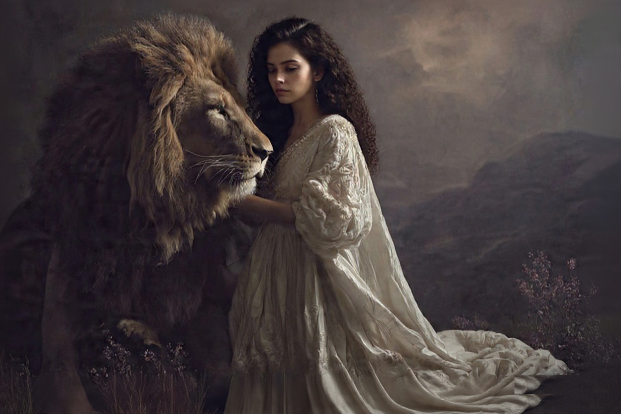 A woman in white robes with a lion — the Strength card