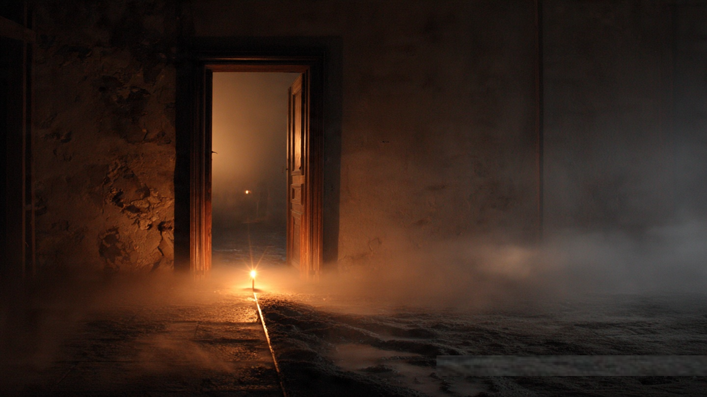 A doorway marked with a line drawn in salt, threshold between two worlds