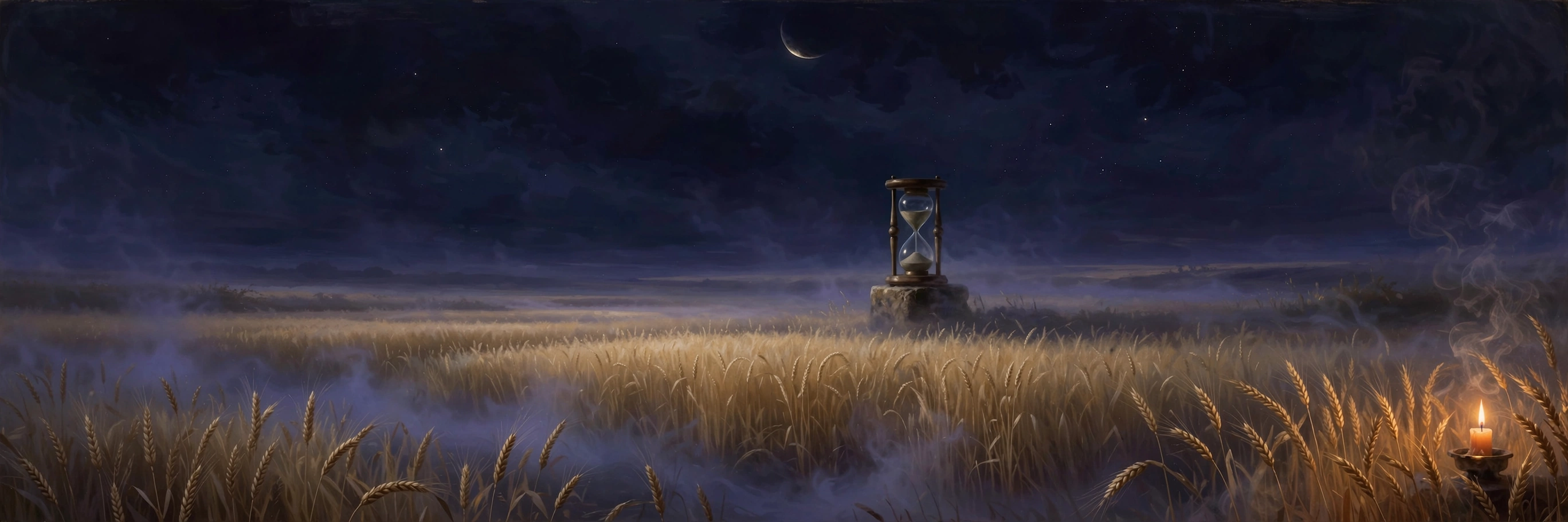 A dark new moon rising over a quiet harvest field at dusk, a single candle burning low