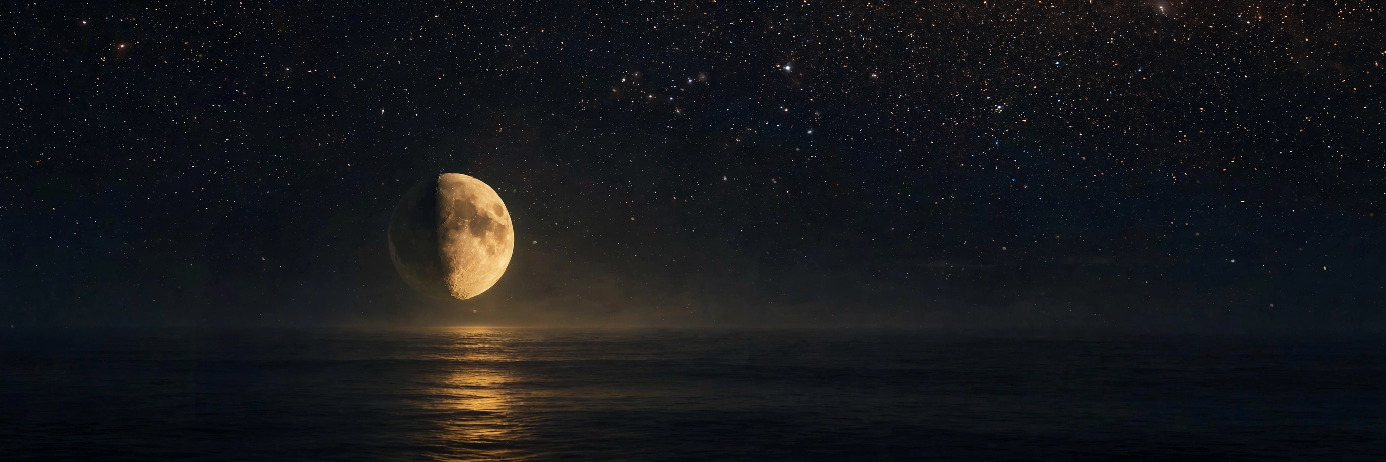 A half-lit moon low over dark water, the light split cleanly between shadow and shine
