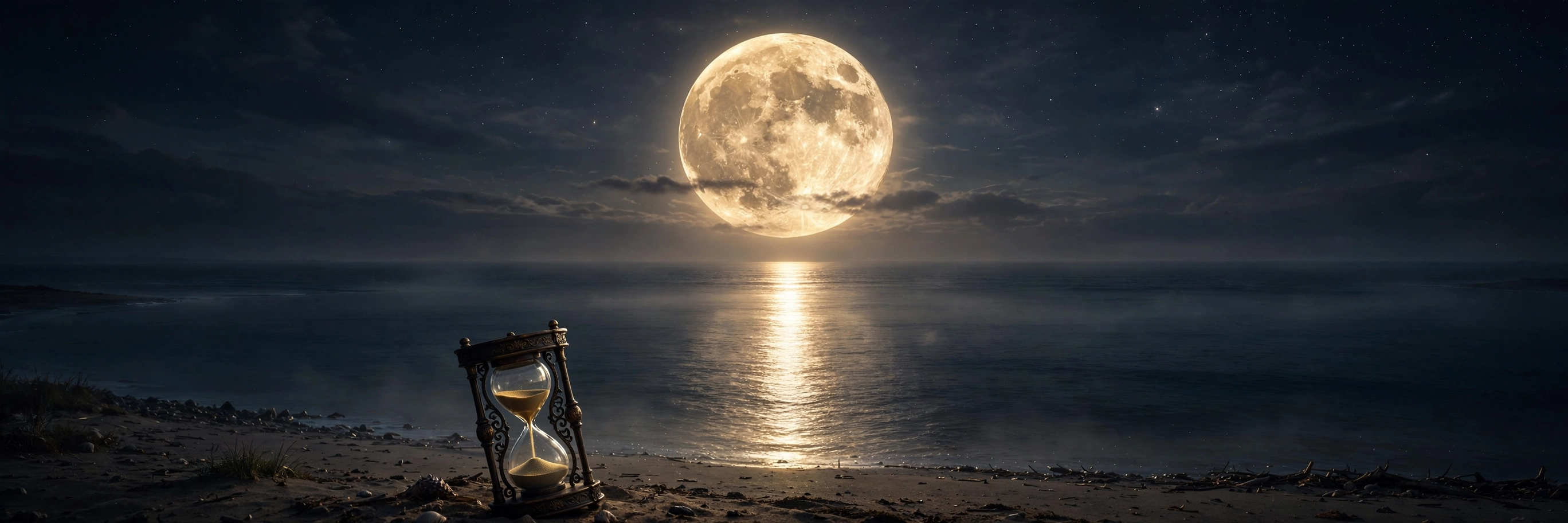 A full, brilliant moon glowing low and heavy over dark water, its light spilling in an unbroken path across the surface