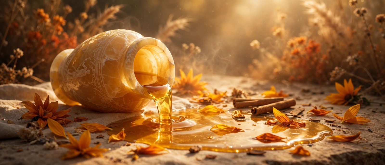 Golden alabaster jar spilling oil in warm Leo season light